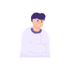 a man uses a blanket because he is shivering or has a fever. the expression of a person who is sick or unwell. flat style. vector design element