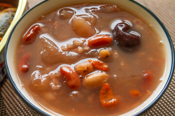 Chinese beans and rice Porridge close up. Babaozhou.