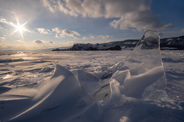 Transparent ice floes on the surface of Lake Baikal