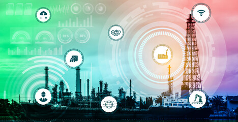 Industry 4.0 technology concept - Smart factory for fourth industrial revolution with icon graphic showing automation system by using robots and automated machinery controlled via internet network .