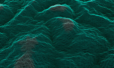 3D rendered green topographic wireframe. Mountain grid.
