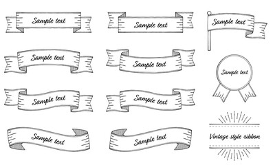 Vintage style ribbon illustration set (vector, white background, cut out)