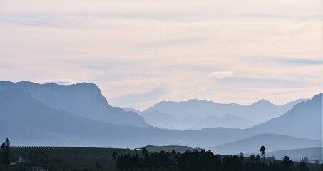 Fototapeta na wymiar Landscape with the Hottentots Holland Mountains in morning light