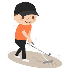 ゴルフをしてる若い男性のイラスト。男性はレーキを使ってバンカーを綺麗にしてる。