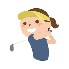 ゴルフをしてる若い女性のイラスト。女性はゴルフクラブでスイングしてる。