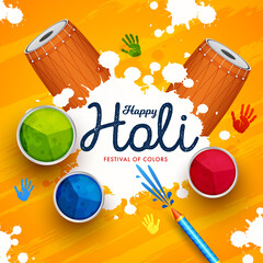 Holi background flat lay. Colorful holi powder, dhol and water gun on yellow background with color splash. Vector illustration