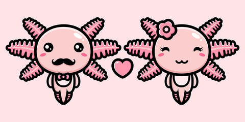 cartoon cute axolotl couple vector design