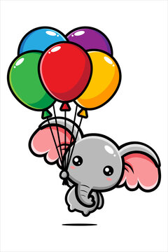 vector design of cute cartoon elephant flying with balloon