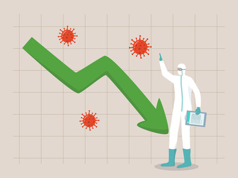 Coronavirus Cases Reduction Chart. End Of Pandemic. Medical Front Line Staff Standing With Spike COVID-19 Cases Chart Or Graph