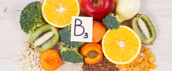 Ingredients and products containing vitamin B3 and other natural minerals, healthy nutrition concept