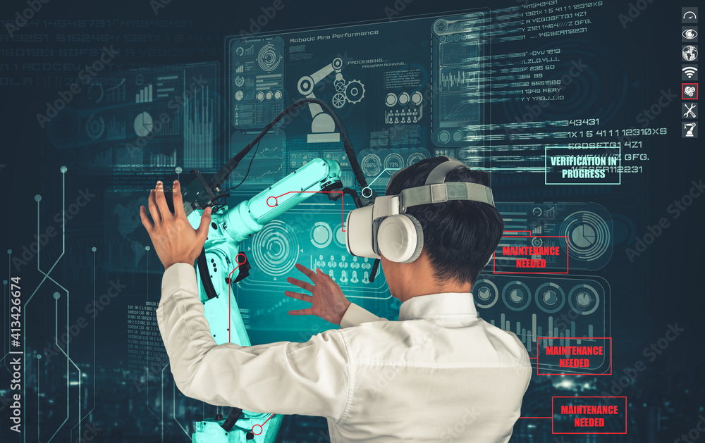 Poster engineer controls robotic arms by augmented reality industry technology application software. smart 