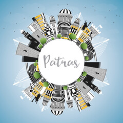 Patras Greece City Skyline with Color Buildings, Blue Sky and Copy Space.