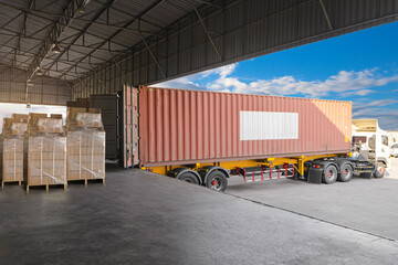 Packaging Boxes Wrapped Plastic on Pallets Loading into Cargo Container. Shipping Trucks. Supply...
