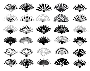 Vintage elegant oriental fans of set vector silhouettes. Oriental fan chinese, decoration japanese souvenir illustration. Chinese or japanese paper fan symbols isolated on white background