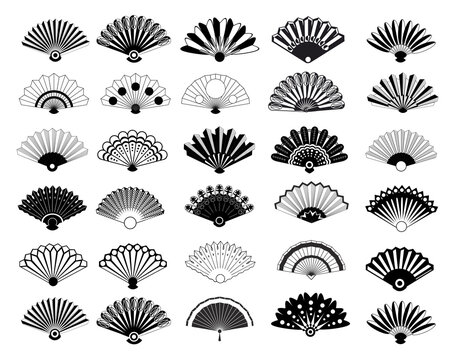 Vintage elegant oriental fans of set vector silhouettes. Oriental fan chinese, decoration japanese souvenir illustration. Chinese or japanese paper fan symbols isolated on white background