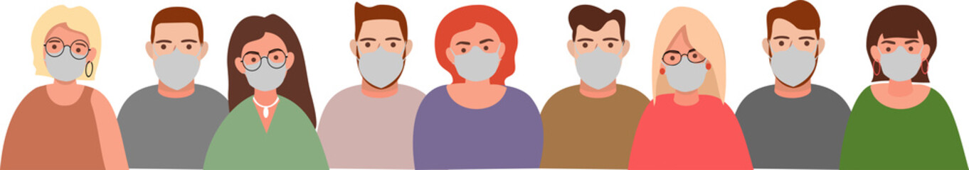 People in protective medical face masks. Medical masks to prevent disease, flu, air pollution, contaminated air, world pollution. Vector illustration in a flat style