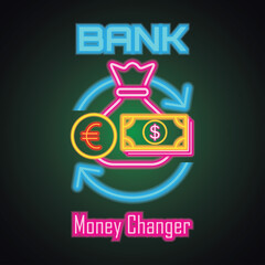 bank and money changer with neon sign effect for bank office, vector illustration