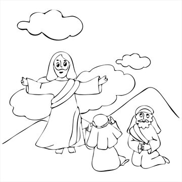 Ascension of Jesus Christ in white robes standing on a cloud with arms open.