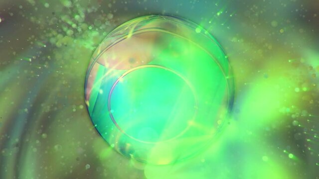 Abstract neon green background with rotating sphere.