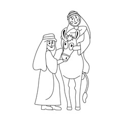 A vector illustration of Mary on a donkey led by Joseph on their travels to Bethlehem