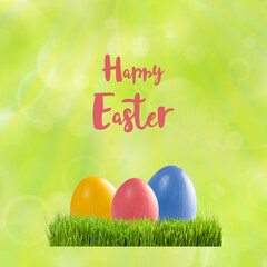 Easter card with colorful eggs in grass