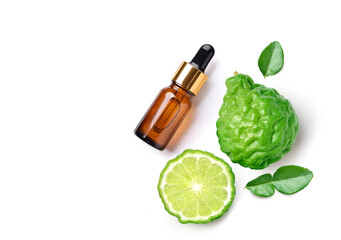Flat lay (top view) of Bergamot essential oil with bergamot fruit isolated on white background.
