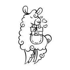 Cute curly alpaca in a warm and cozy blanket with a gift. Vector illustration for coloring pages, children and adult prints, baby shower
