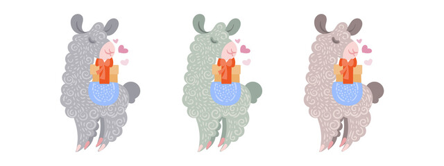 Set of cute curly alpacas in a warm and cozy blanket with a gift. Vector illustration in different colors for coloring pages, children and adult prints, baby shower