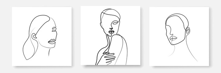 Female Face Line Art Drawing Set. Vector illustration of Woman Face Linear Style. Creative Contemporary Abstract Line Drawing. Vector Minimalist Design.