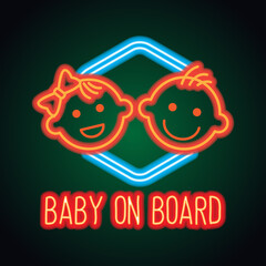 baby on board with neon light effect. vector illustration