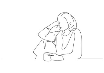 Woman with Coffee Cup Continuous One Line Drawing. Woman and Coffee Contour Abstract Illustration. Simple One Line Drawing. People Modern Sketch. Vector EPS 10.