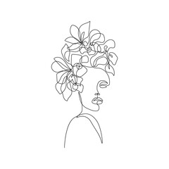 Woman Head with Flowers One Line Drawing. Continuous Line Drawing of Female Face and Flowers. Floral Woman Abstract Design Template for Covers, t-Shirt Print, Postcard, Banner etc. Vector EPS 10.