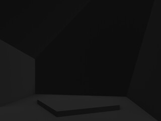3D rendered black geometric podium. Dark background.