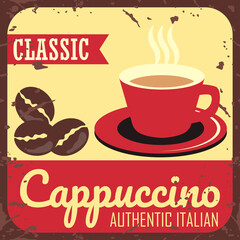 cup of coffee with coffee beans for coffee shop vintage poster. vector illustration