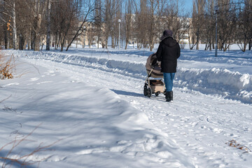 Dad walks with a stroller in the city park. Winter time