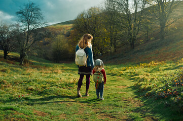 Young mother walking with her preschooler in a meadow in autumn