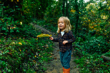 Preschooler playing in the woods on a sunny autumn day