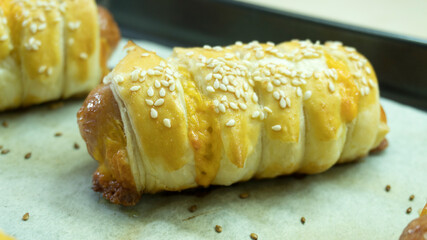 Rolled Hot Dog Sausages Baked In Puff Pastry