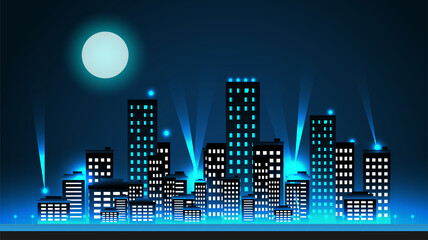 cityscape panoramic night time or city skyline or city horizon night flat style. city scape with sky scraper building blue light color  landscape vector illustration. 