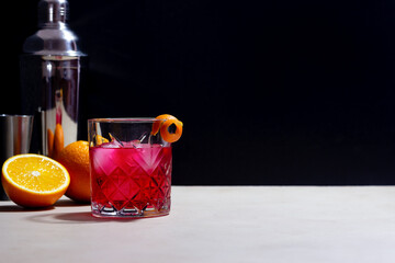 Negroni cocktail. Bitter, gin, vermouth, ice. Bar. Recipes. Alcoholic beverages.