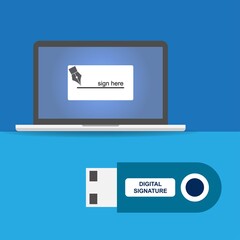 Laptop screen with the text “sign here”, and stick with the text “digital signature” on it