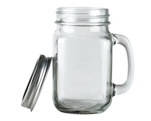 Glass jar. Mason Jar for drinking. Empty glass jar with lid and handle good for smoothie. White isolated background. 