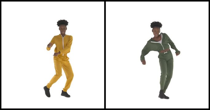 Split screen collage of two clips with dancing African American woman. Same person dressed in tracksuits in different colors. Hip hop movements. Isolated on white background