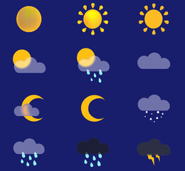Пакет значков погоды. Красочные элементы дизайна прогноза погоды, идеально подходящие для мобильных приложений и виджетов. Содержит иконки солнца, облаков, снежинок, дождя, луна. 12 иконок.