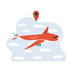Vector illustration of plane delivering covid-19 vaccine to vaccination centers. Global distribution of medical drug to hospitals worldwide. Fast rapid delivery and shipping.