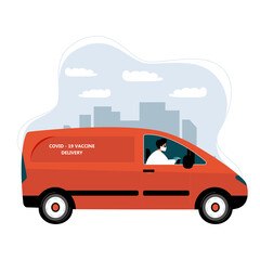 Vector illustration of truck delivering covid-19 vaccine to vaccination centers. Global distribution of medical drug to hospitals worldwide. Fast rapid delivery and shipping.
