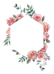 Flower frame with pink rose, green leaves. Watercolor floral clipart. Wedding concept with flowers