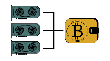 Bitcoin mining concept, abstract cryptocurrency miner icon, graphics cards connect to bitcoin e-wallet, business technology, vector illustration.