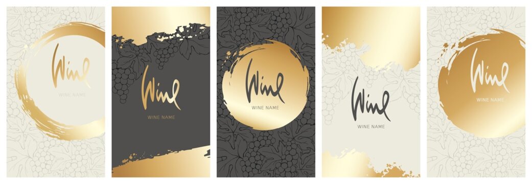 Collection labels for wine. Vector illustration, set of backgrounds with grapes and gold strokes.	