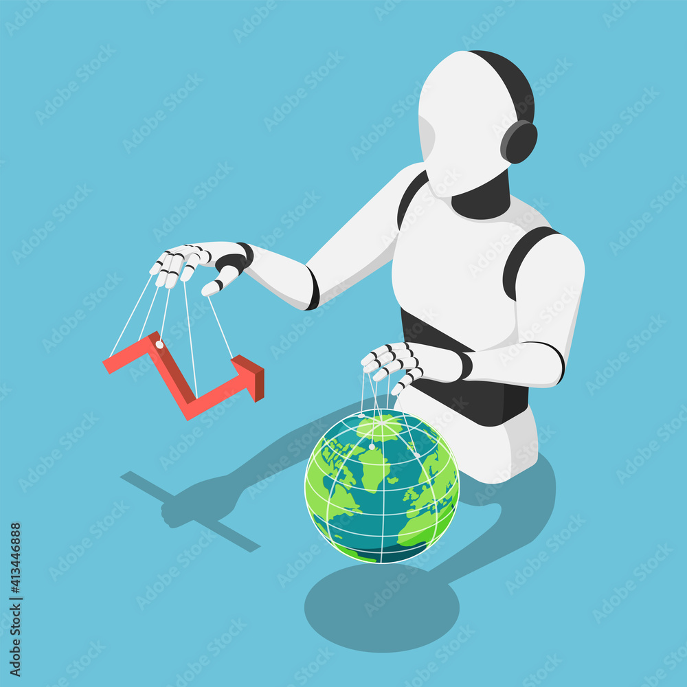 Poster isometric ai robot controlling market financial chart and the world globe